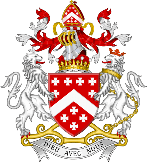 Berkeley: gules, a chevron between ten crosses pattée argent